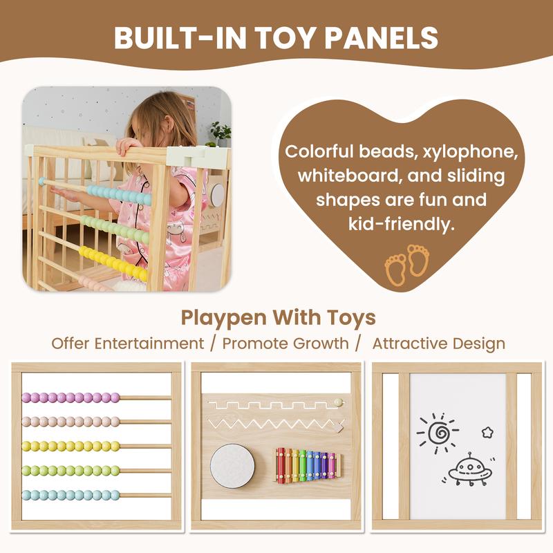 Built-in activity toy panels - beads, xylophone, whiteboard