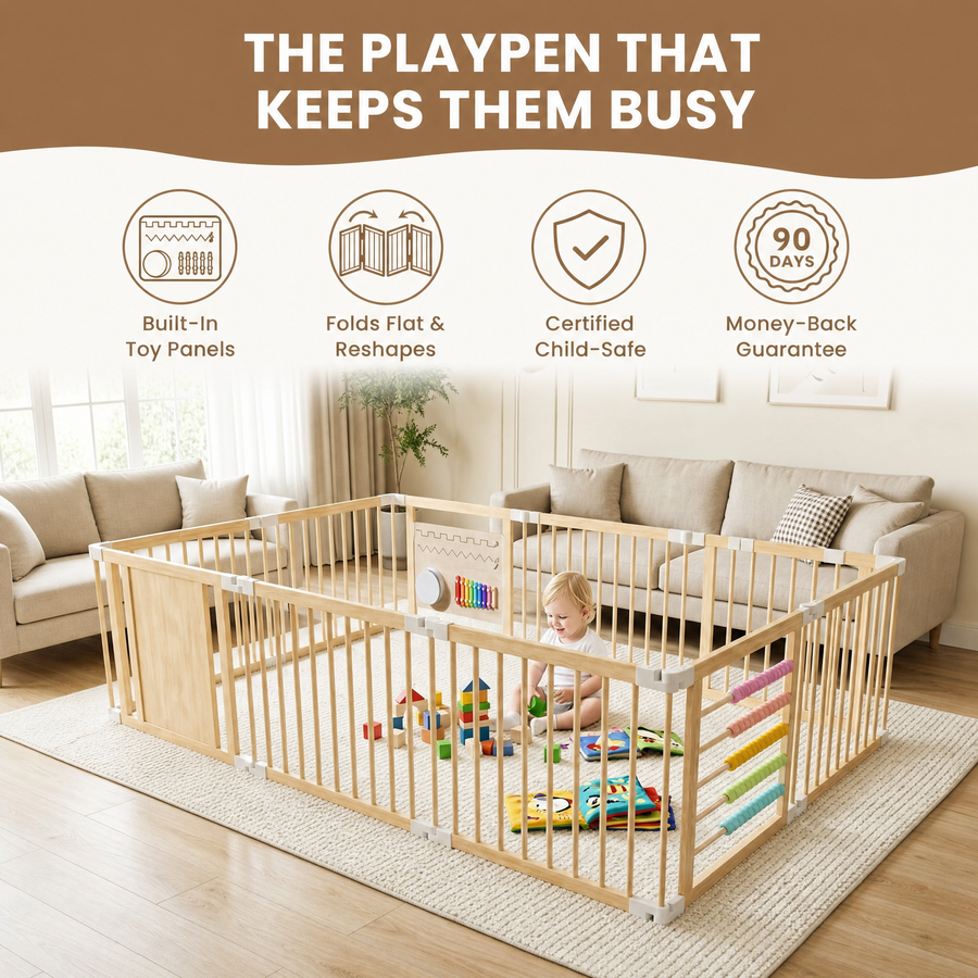 CozyCubs wooden playpen infographic — the playpen that keeps them busy: built-in toy panels, folds flat and reshapes, certified child-safe, 90-day money-back guarantee