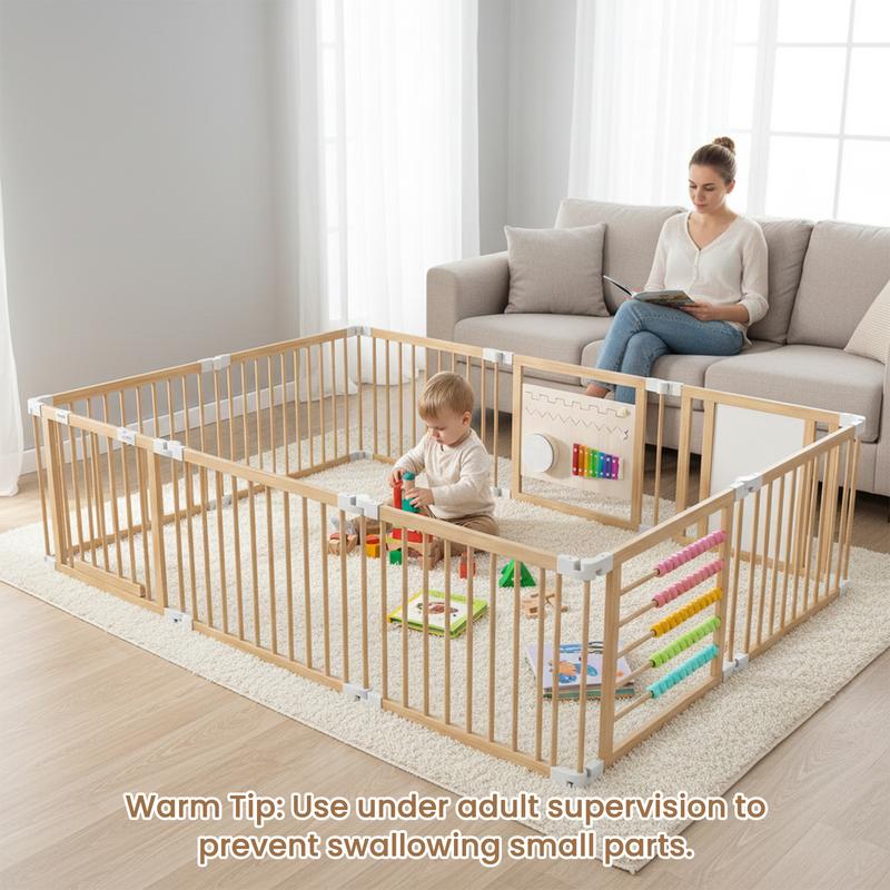 Mom relaxing on the couch while her baby plays inside the CozyCubs playpen