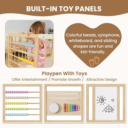Built-in activity toy panels - beads, xylophone, whiteboard