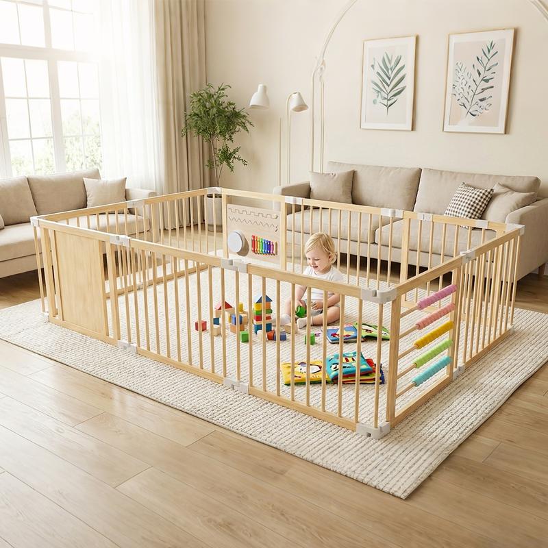 Baby playing safely inside the CozyCubs wooden playpen in a bright living room